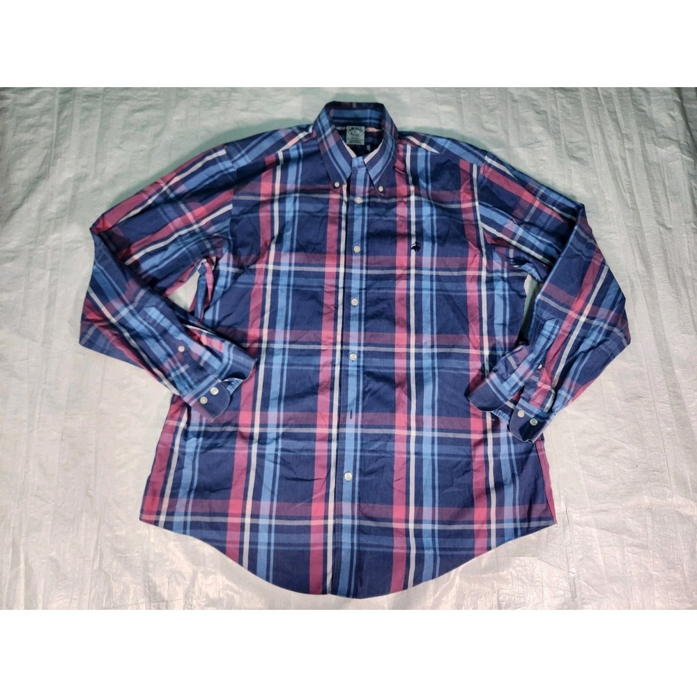 BROOKS BROTHERS Shirt Men XL REGENT Dress Plaid No Iron Poplin Cotton Blue